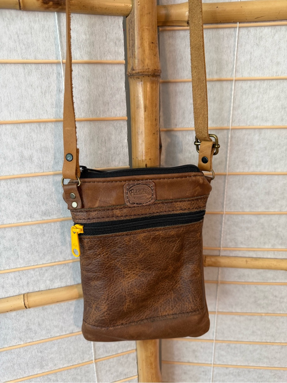 Hand Crafted Brown Leather Mini Crossbody Bag with Yellow Zipper Pull